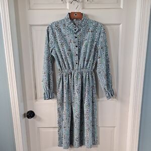 CRFS Vintage-Inspired Print Stretchy Corduroy Elastic Waist Dress Dusty Blue
